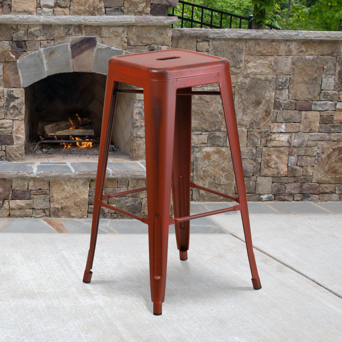 30'' High Backless Distressed Kelly Red Metal Restaurant Indoor-Outdoor Barstool