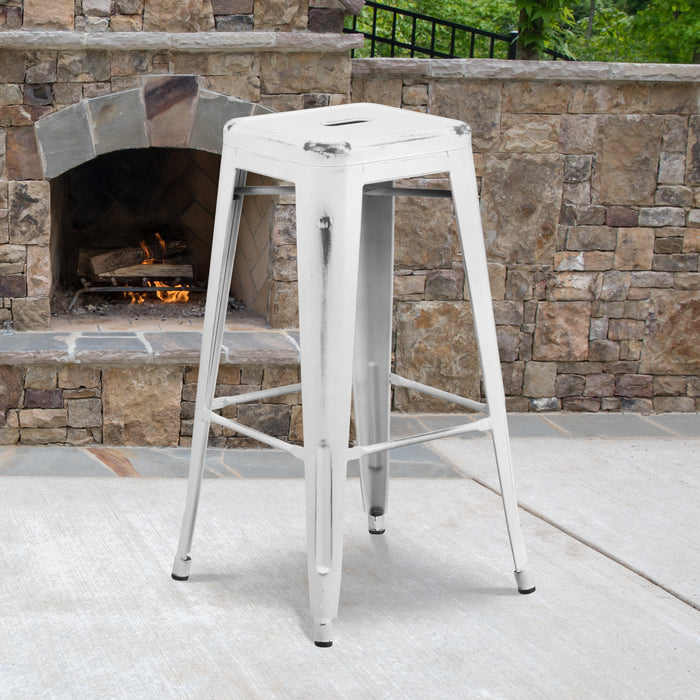 30'' High Backless Distressed White Metal Restaurant Indoor-Outdoor Barstool
