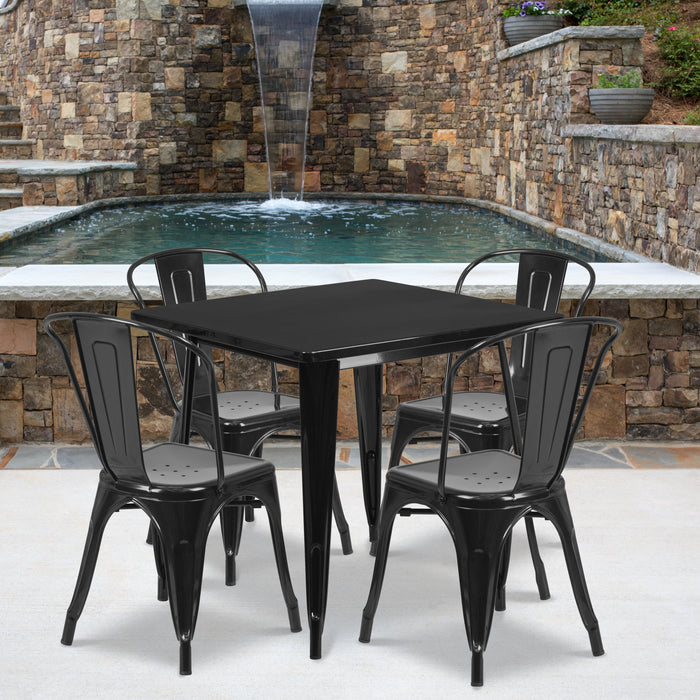 31.5'' Square Black Metal Indoor-Outdoor Restaurant Table Set with 4 Stack Chairs