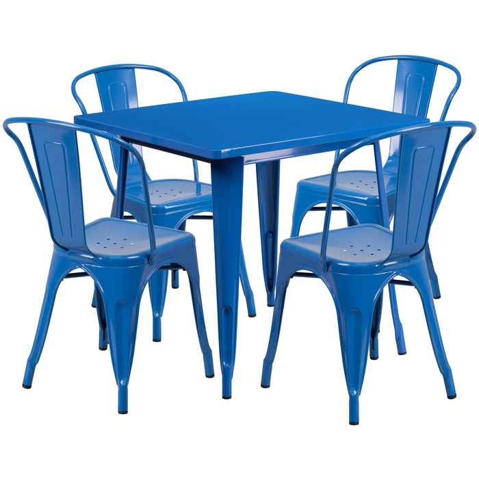 31.5'' Square Blue Metal Indoor-Outdoor Restaurant Table Set with 4 Stack Chairs