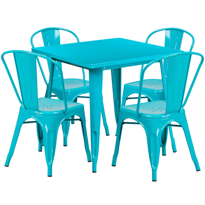 31.5'' Square Crystal Teal-Blue Metal Indoor-Outdoor Restaurant Table Set with 4 Stack Chairs