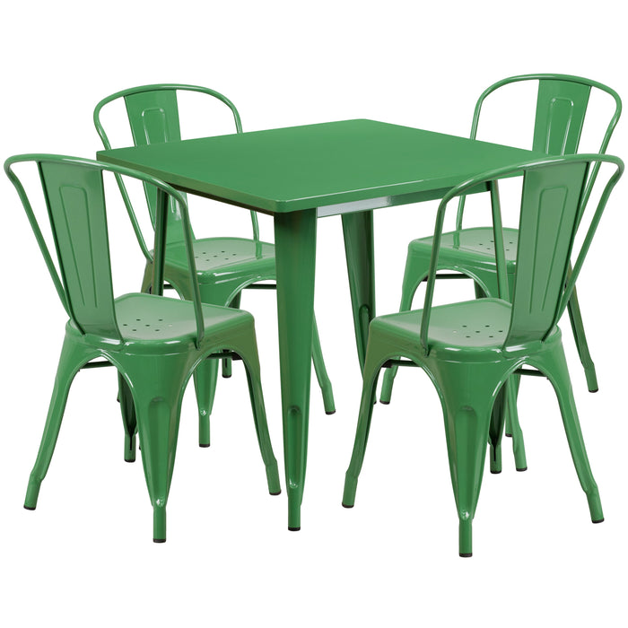 31.5'' Square Green Metal Indoor-Outdoor Restaurant Table Set with 4 Stack Chairs