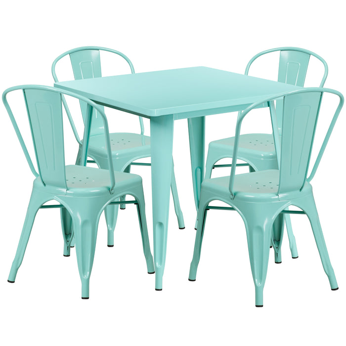 31.5'' Square Mint Green Metal Indoor-Outdoor Restaurant Table Set with 4 Stack Chairs