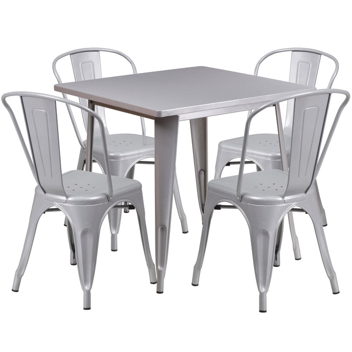 31.5'' Square Silver Metal Indoor-Outdoor Restaurant Table Set with 4 Stack Chairs