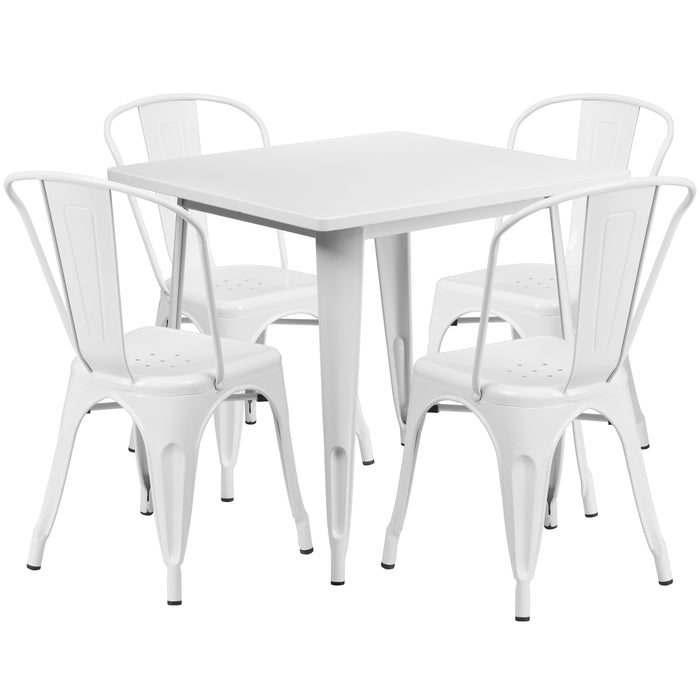 31.5'' Square White Metal Indoor-Outdoor Restaurant Table Set with 4 Stack Chairs