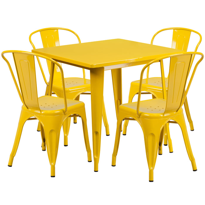 31.5'' Square Yellow Metal Indoor-Outdoor Restaurant Table Set with 4 Stack Chairs