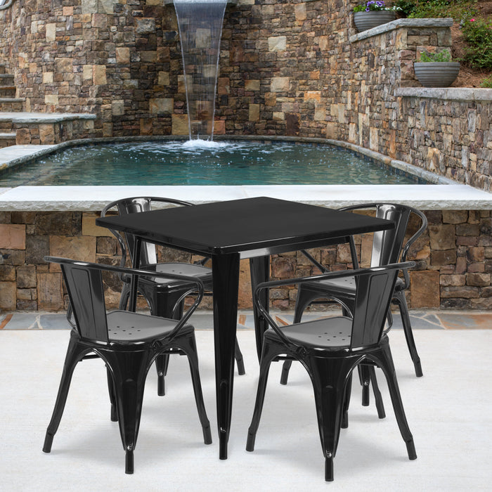 31.5'' Square Black Metal Indoor-Outdoor Restaurant Table Set with 4 Arm Chairs