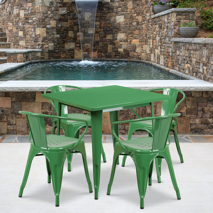 31.5'' Square Green Metal Indoor-Outdoor Restaurant Table Set with 4 Arm Chairs