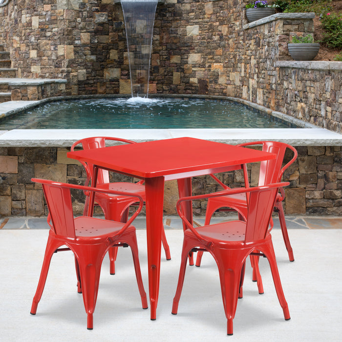 31.5'' Square Red Metal Indoor-Outdoor Restaurant Table Set with 4 Arm Chairs