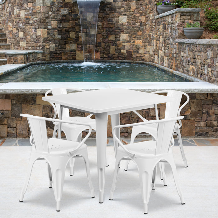 31.5'' Square White Metal Indoor-Outdoor Restaurant Table Set with 4 Arm Chairs