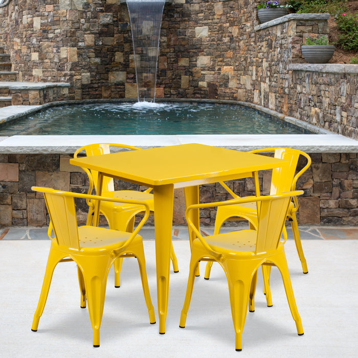 31.5'' Square Yellow Metal Indoor-Outdoor Restaurant Table Set with 4 Arm Chairs