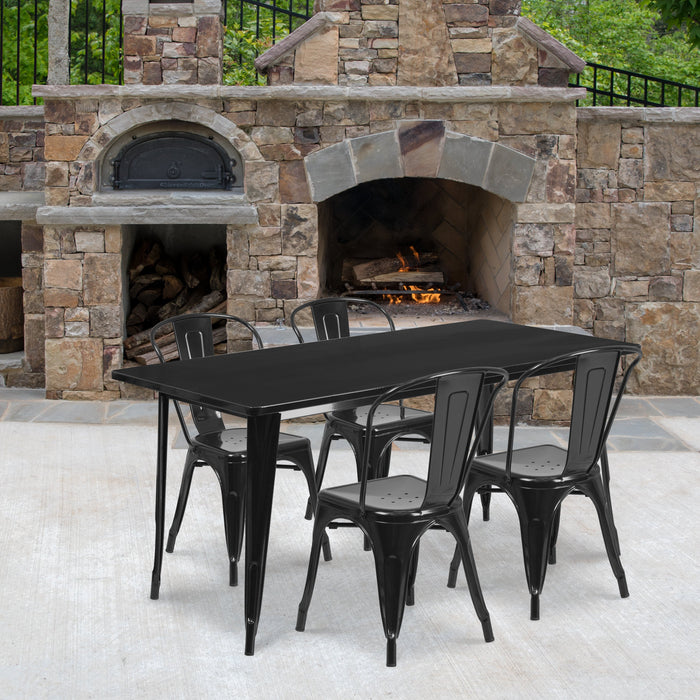31.5'' x 63'' Rectangular Black Metal Indoor-Outdoor Restaurant Table Set with 4 Stack Chairs