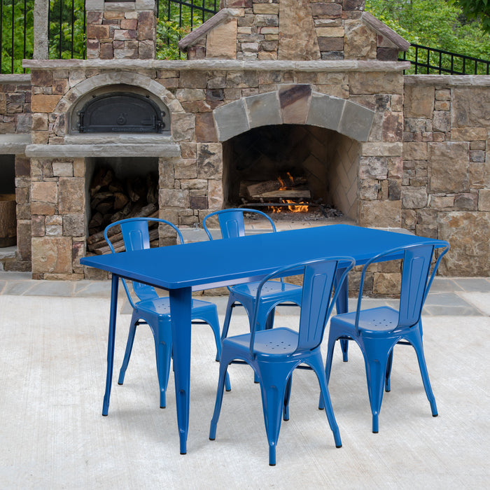 31.5'' x 63'' Rectangular Blue Metal Indoor-Outdoor Restaurant Table Set with 4 Stack Chairs