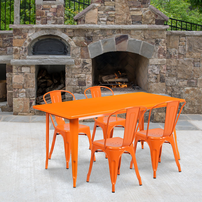 31.5'' x 63'' Rectangular Orange Metal Indoor-Outdoor Restaurant Table Set with 4 Stack Chairs