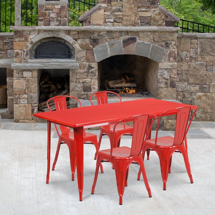 31.5'' x 63'' Rectangular Red Metal Indoor-Outdoor Restaurant Table Set with 4 Stack Chairs