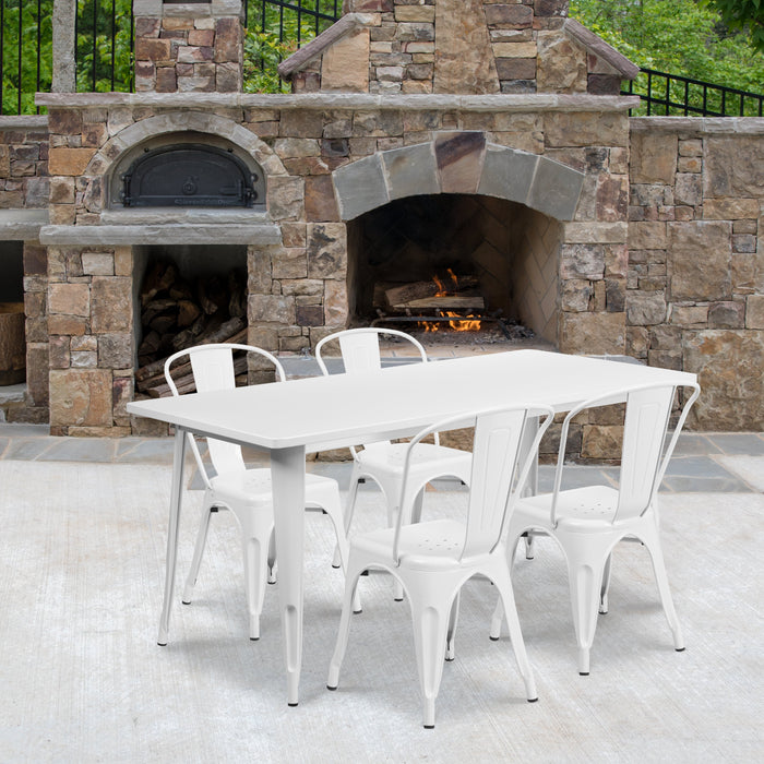 31.5'' x 63'' Rectangular White Metal Indoor-Outdoor Restaurant Table Set with 4 Stack Chairs