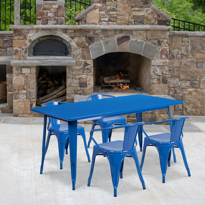 31.5'' x 63'' Rectangular Blue Metal Indoor-Outdoor Restaurant Table Set with 4 Arm Chairs