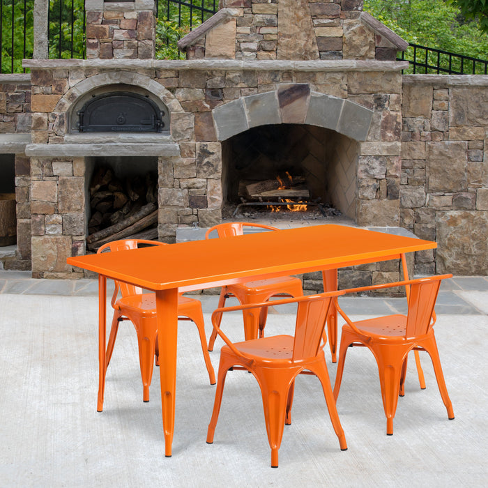 31.5'' x 63'' Rectangular Orange Metal Indoor-Outdoor Restaurant Table Set with 4 Arm Chairs