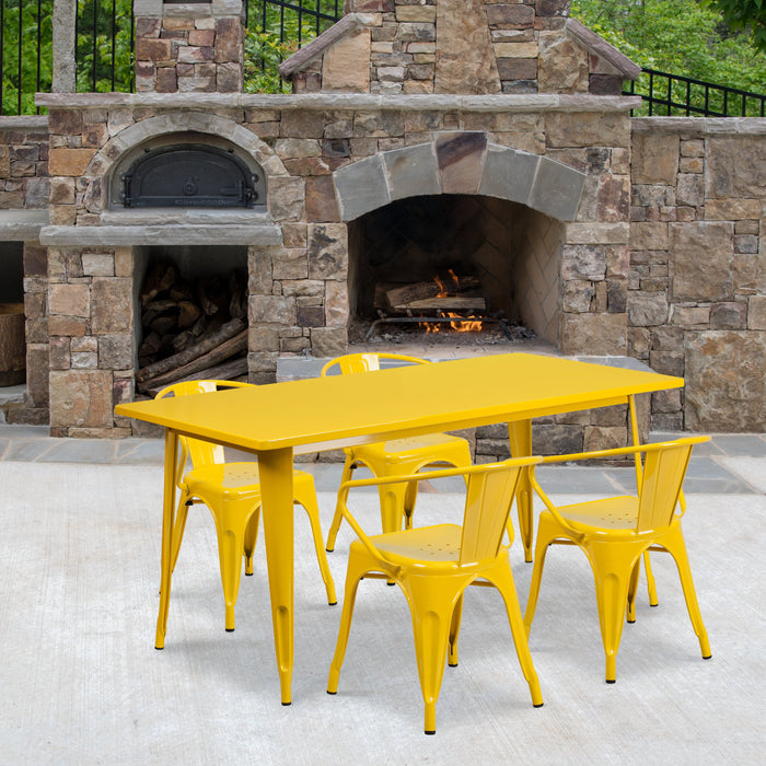 31.5'' x 63'' Rectangular Yellow Metal Indoor-Outdoor Restaurant Table Set with 4 Arm Chairs