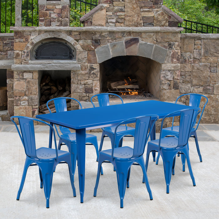 31.5'' x 63'' Rectangular Blue Metal Indoor-Outdoor Restaurant Table Set with 6 Stack Chairs