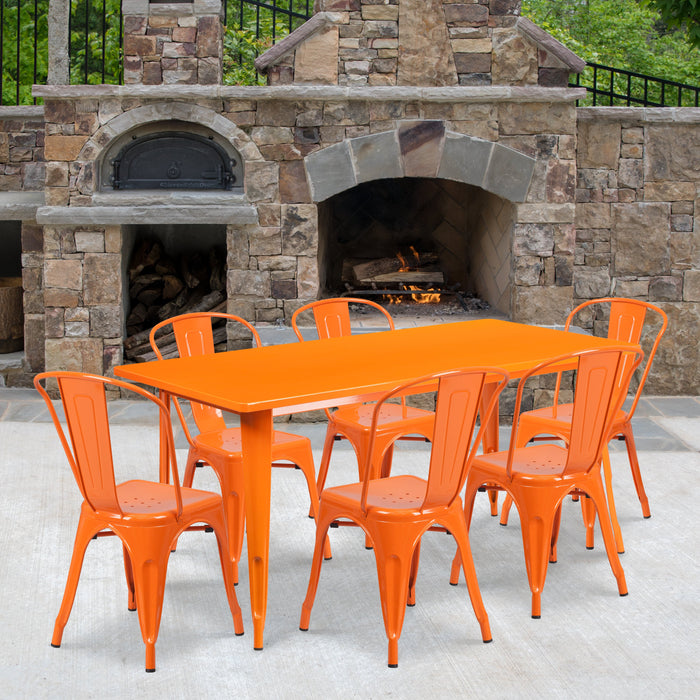 31.5'' x 63'' Rectangular Orange Metal Indoor-Outdoor Restaurant Table Set with 6 Stack Chairs