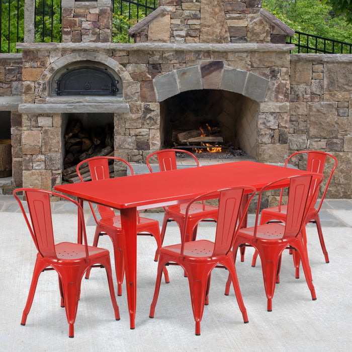 31.5'' x 63'' Rectangular Red Metal Indoor-Outdoor Restaurant Table Set with 6 Stack Chairs