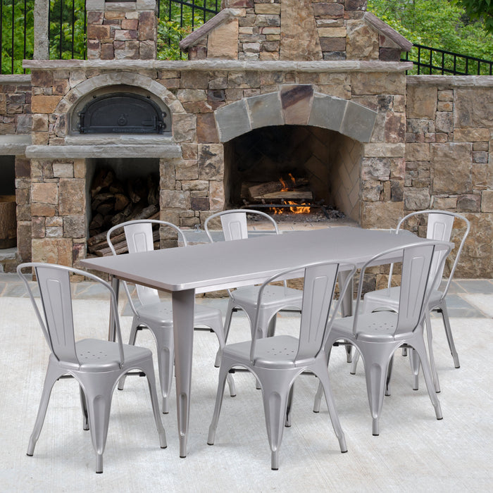 31.5'' x 63'' Rectangular Silver Metal Indoor-Outdoor Restaurant Table Set with 6 Stack Chairs