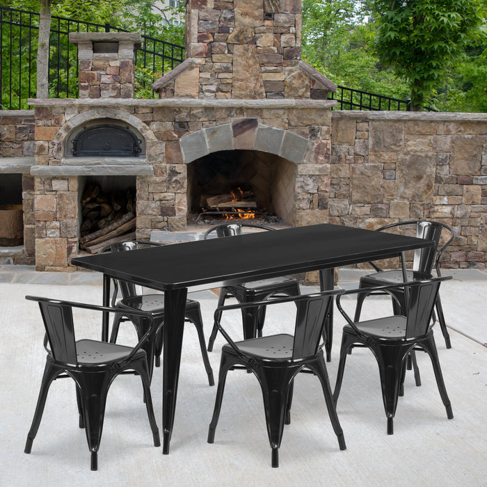 31.5'' x 63'' Rectangular Black Metal Indoor-Outdoor Restaurant Table Set with 6 Arm Chairs