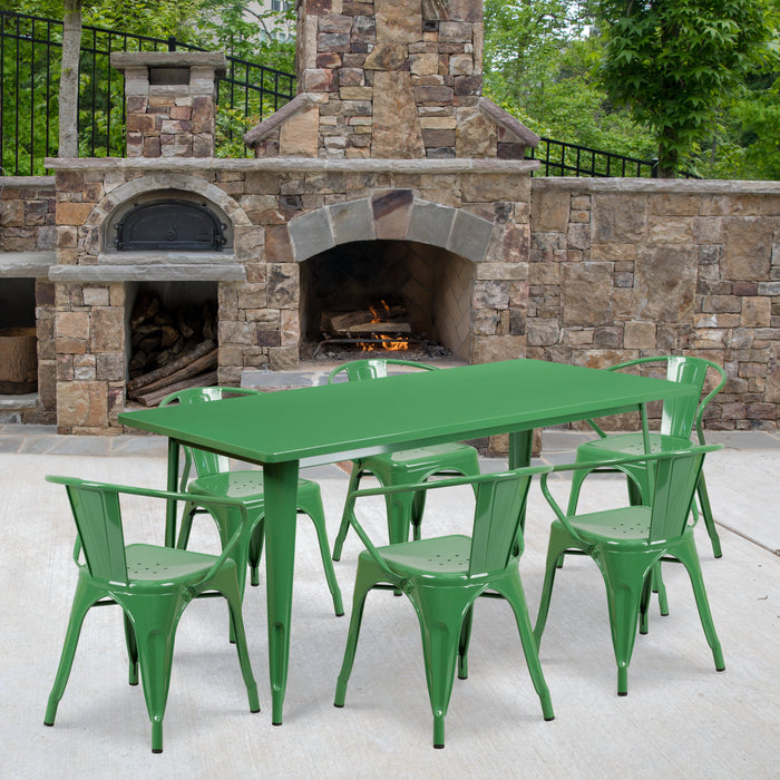 31.5'' x 63'' Rectangular Green Metal Indoor-Outdoor Restaurant Table Set with 6 Arm Chairs