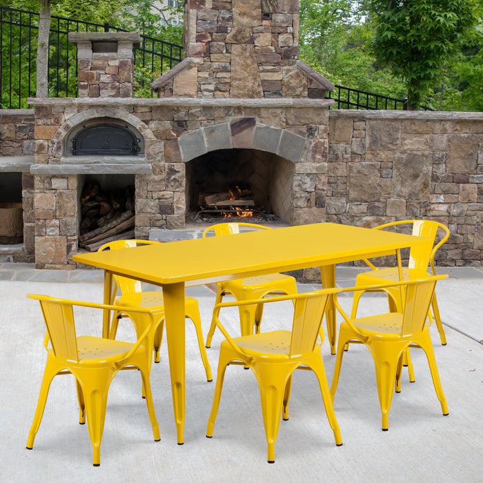 31.5'' x 63'' Rectangular Yellow Metal Indoor-Outdoor Restaurant Table Set with 6 Arm Chairs