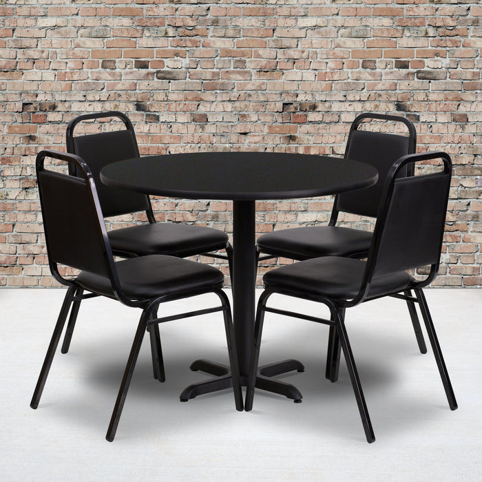 36'' Round Black Laminate Restaurant Table Set with 4 Black Trapezoidal Back Banquet Chairs