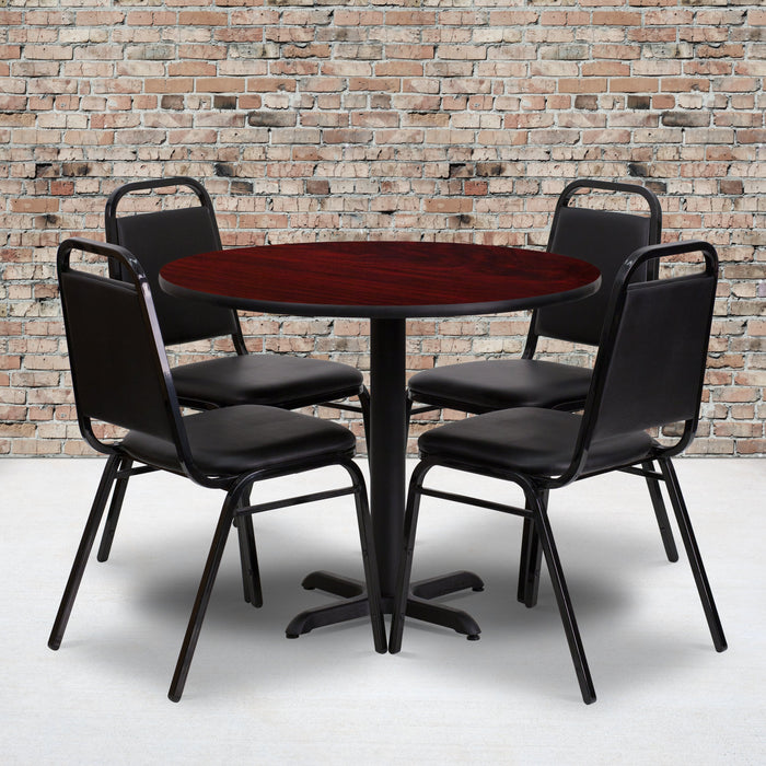 36'' Round Mahogany Laminate Restaurant Table Set with 4 Black Trapezoidal Back Banquet Chairs