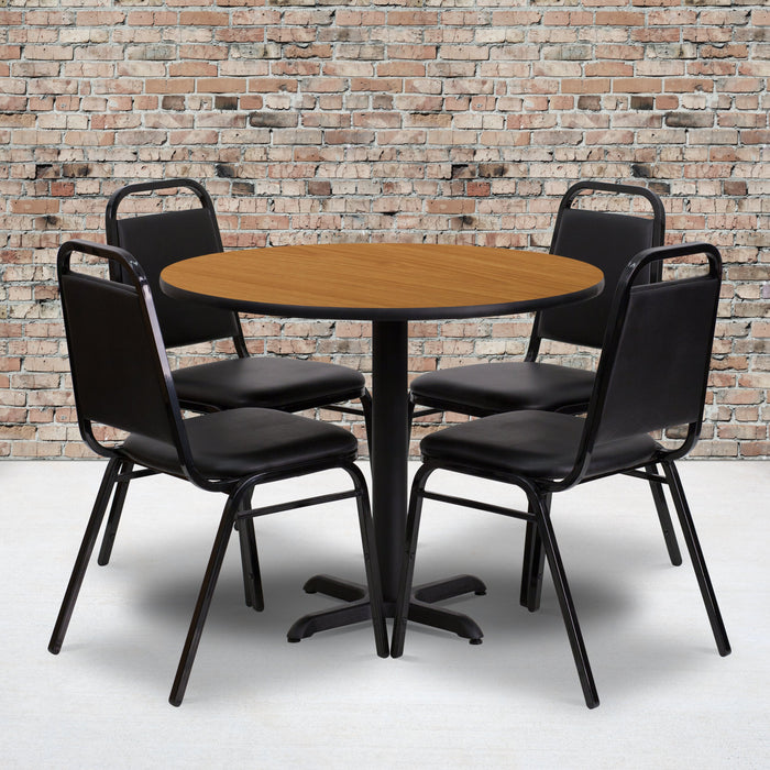 36'' Round Natural Laminate Restaurant Table Set with 4 Black Trapezoidal Back Banquet Chairs