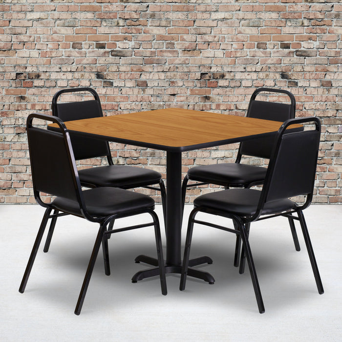 36'' Square Natural Laminate Restaurant Table Set with 4 Black Trapezoidal Back Banquet Chairs