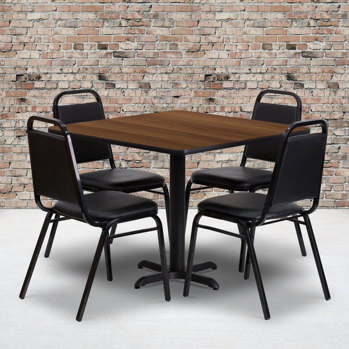 36'' Square Walnut Laminate Restaurant Table Set with 4 Black Trapezoidal Back Banquet Chairs