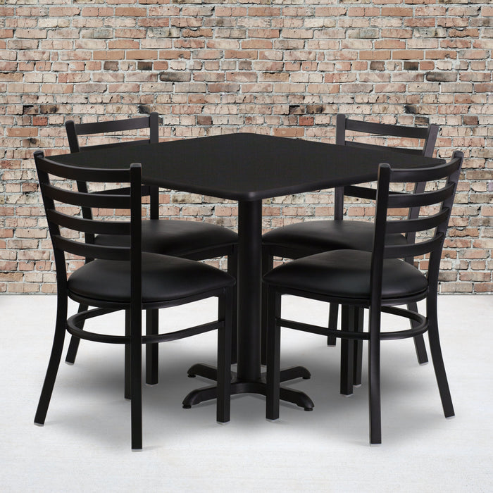 36'' Square Black Laminate Restaurant Table Set with X-Base and 4 Ladder Back Metal Chairs - Black Vinyl Seat