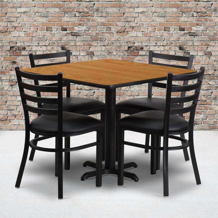 36'' Square Natural Laminate Restaurant Table Set with X-Base and 4 Ladder Back Metal Chairs - Black Vinyl Seat