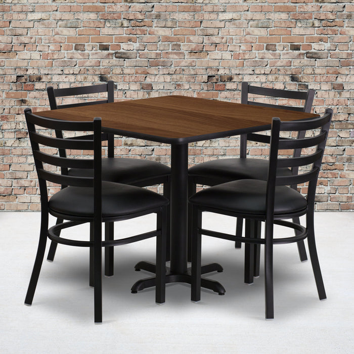 36'' Square Walnut Laminate Restaurant Table Set with X-Base and 4 Ladder Back Metal Chairs - Black Vinyl Seat