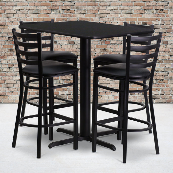 24''W x 42''L Rectangular Black Laminate Restaurant Table Set with 4 Ladder Back Metal Barstools - Black Vinyl Seat