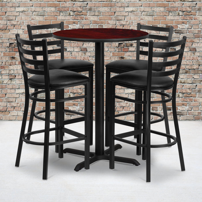 30'' Round Mahogany Laminate Restaurant Table Set with 4 Ladder Back Metal Barstools - Black Vinyl Seat