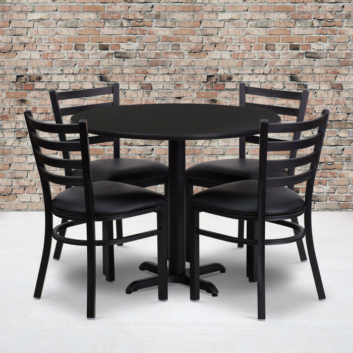 36'' Round Black Laminate Restaurant Table Set with 4 Ladder Back Metal Chairs - Black Vinyl Seat