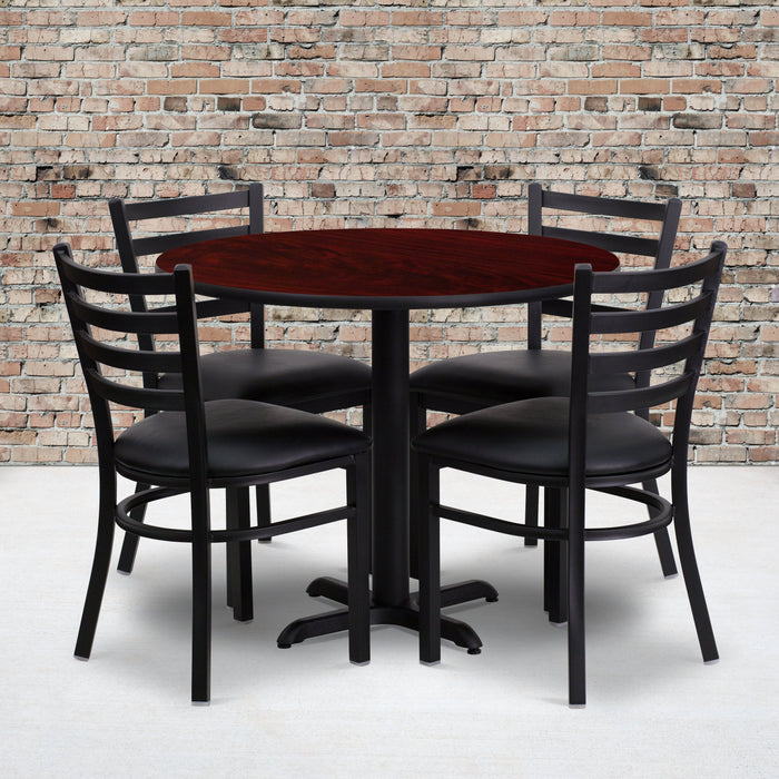 36'' Round Mahogany Laminate Restaurant Table Set with 4 Ladder Back Metal Chairs - Black Vinyl Seat