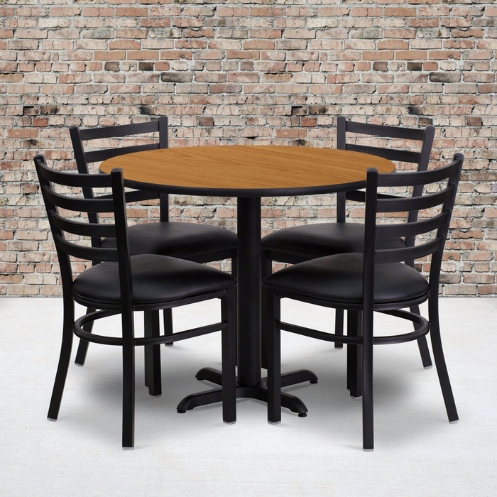 36'' Round Natural Laminate Restaurant Table Set with 4 Ladder Back Metal Chairs - Black Vinyl Seat