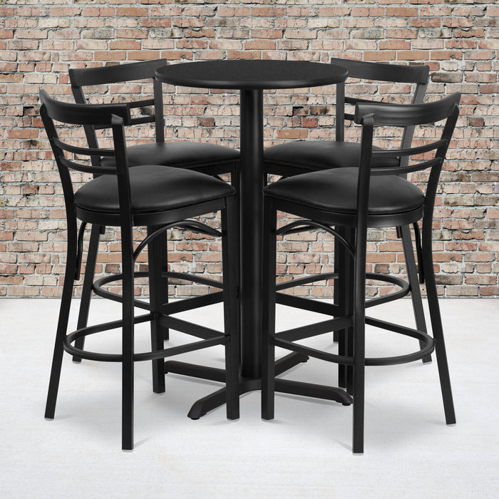 24'' Round Black Laminate Restaurant Table Set with 4 Ladder Back Metal Barstools - Black Vinyl Seat