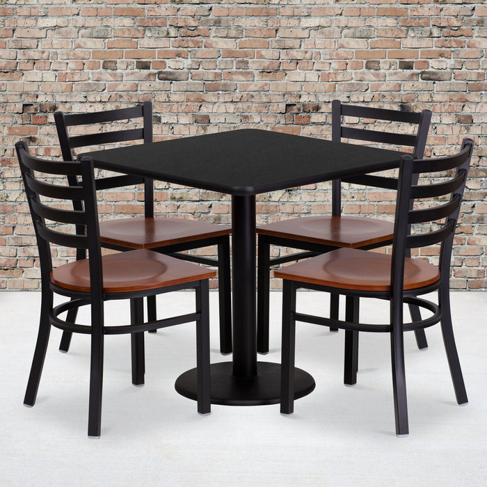 30'' Square Black Laminate Restaurant Table Set with 4 Ladder Back Metal Chairs - Cherry Wood Seat