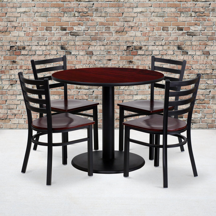 36'' Round Mahogany Laminate Restaurant Table Set with 4 Ladder Back Metal Chairs - Mahogany Wood Seat