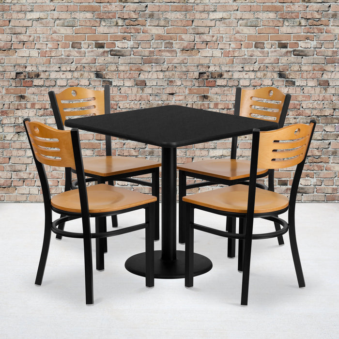 30'' Square Black Laminate Restaurant Table Set with 4 Wood Slat Back Metal Chairs - Natural Wood Seat