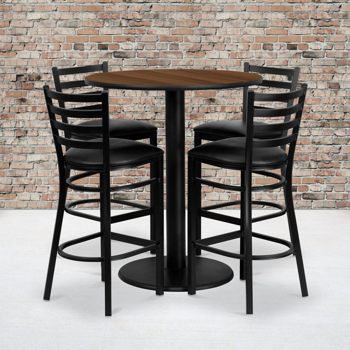 36'' Round Walnut Laminate Restaurant Table Set with 4 Ladder Back Metal Barstools - Black Vinyl Seat