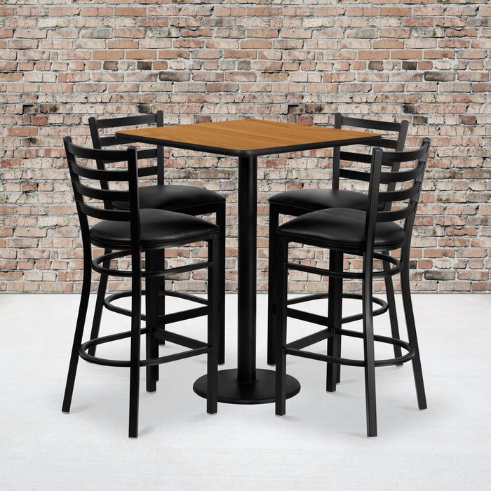 30'' Square Natural Laminate Restaurant Table Set with 4 Ladder Back Metal Barstools - Black Vinyl Seat