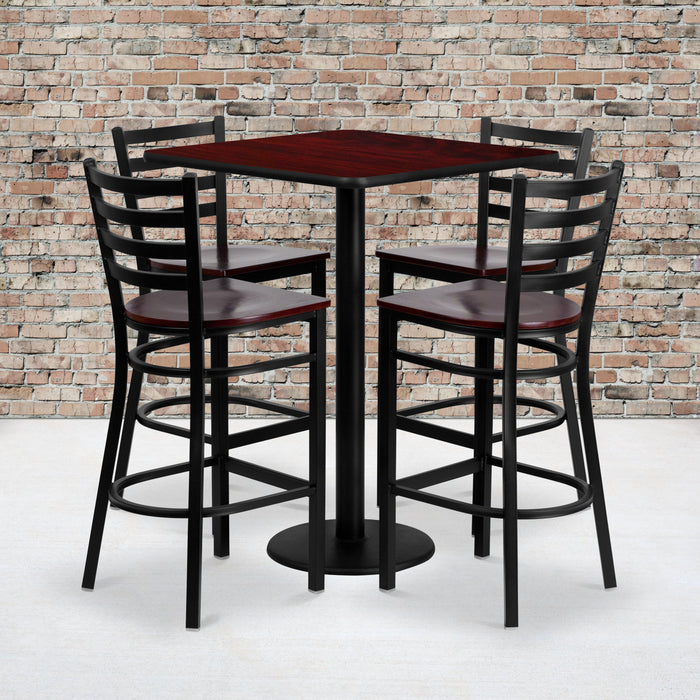 30'' Square Mahogany Laminate Restaurant Table Set with 4 Ladder Back Metal Barstools - Mahogany Wood Seat